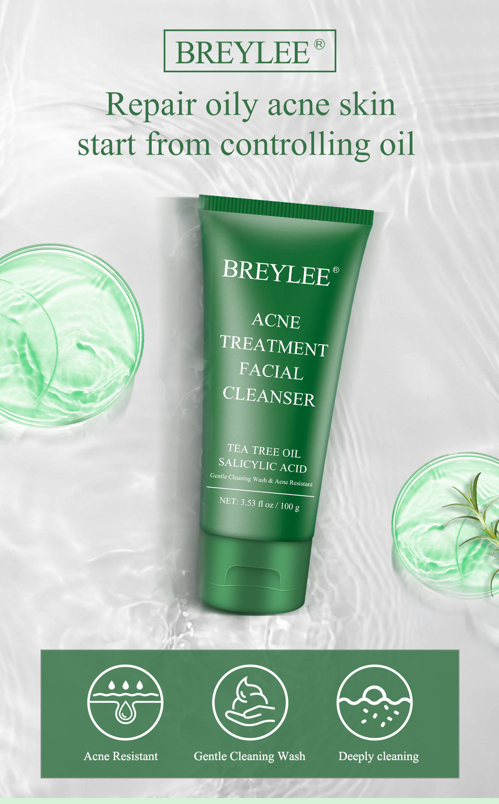 BREYLEE Acne Treatment Set 4pcs Facial Cleanser Toner Serum Cream Skin care