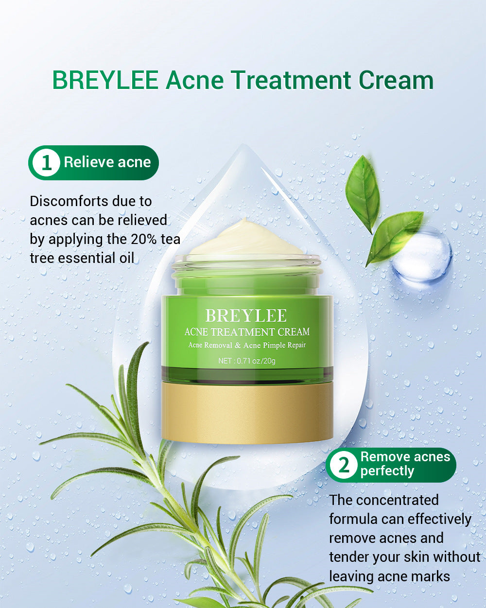 BREYLEE Acne Treatment Set 4pcs Facial Cleanser Toner Serum Cream Skin care