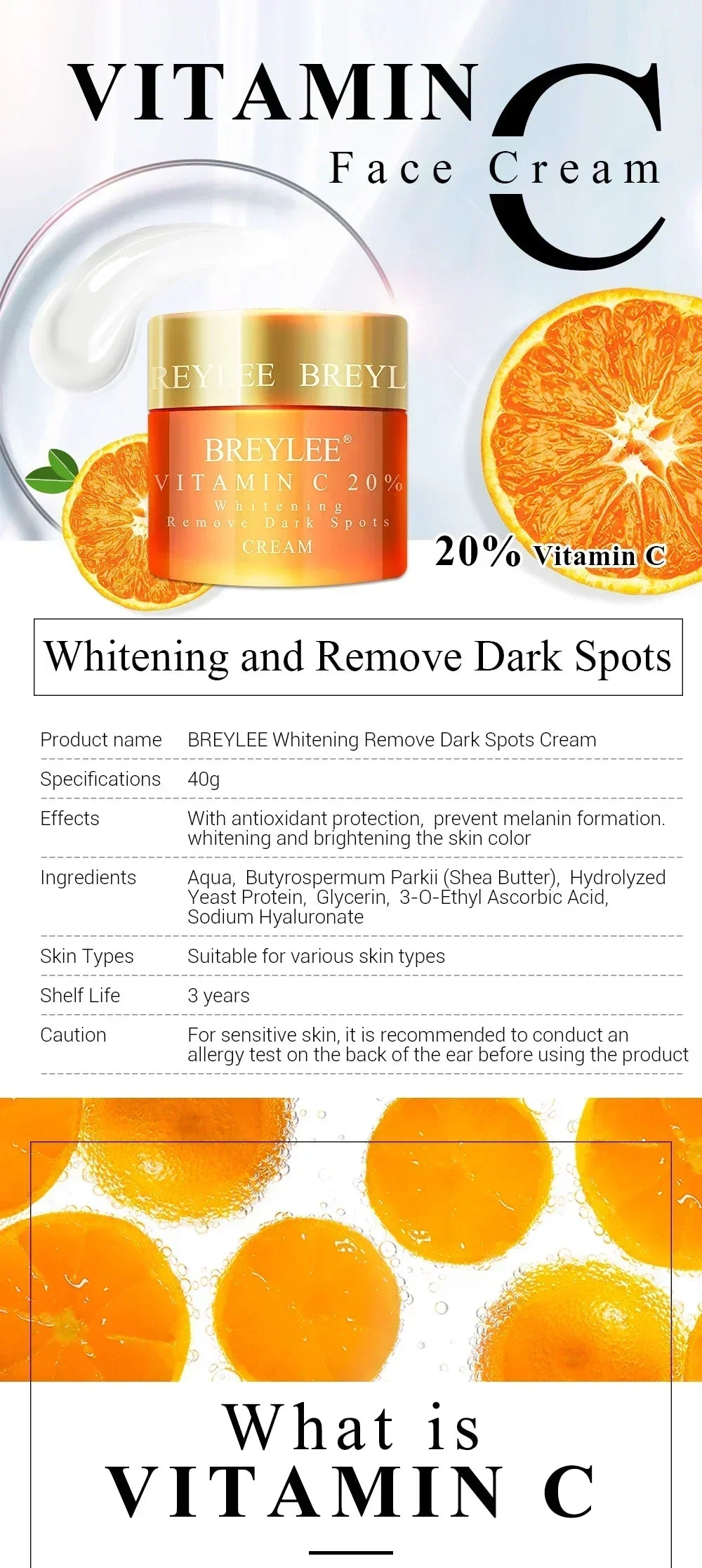 BREYLEE Vitamin C Whitening Facial Cream Repair Fade Freckles Dark Spots Melanin Remover Brightening Smooth wrinkles Face Cream