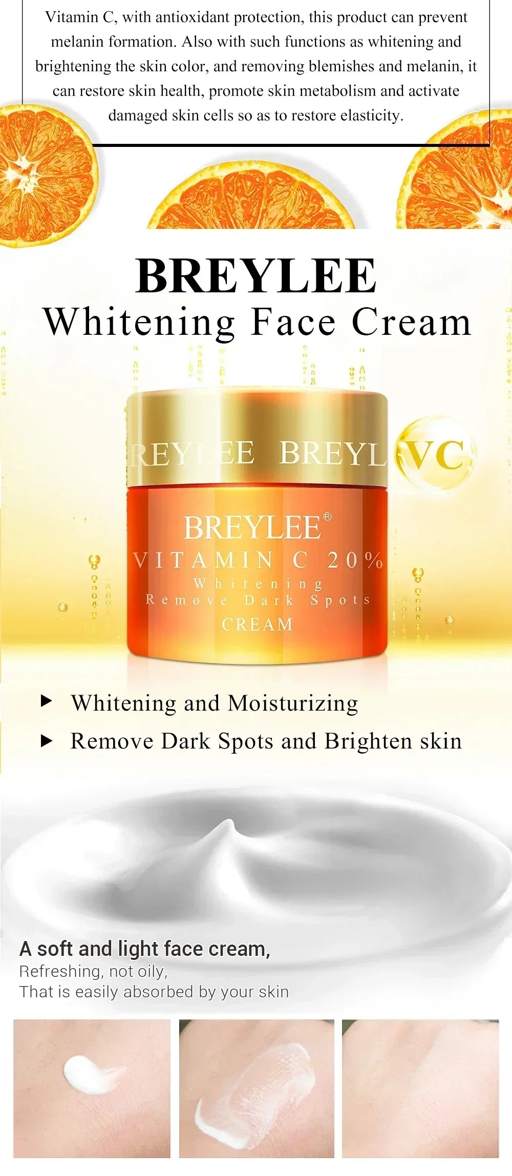 BREYLEE Vitamin C Whitening Facial Cream Repair Fade Freckles Dark Spots Melanin Remover Brightening Smooth wrinkles Face Cream