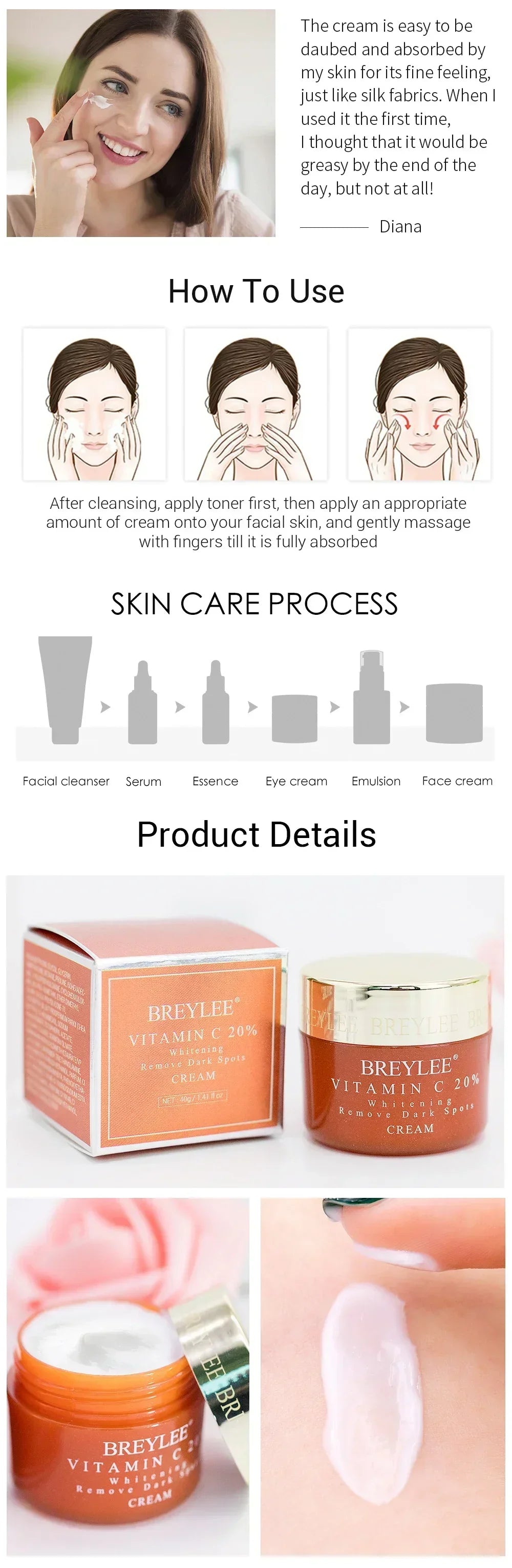 BREYLEE Vitamin C Whitening Facial Cream Repair Fade Freckles Dark Spots Melanin Remover Brightening Smooth wrinkles Face Cream